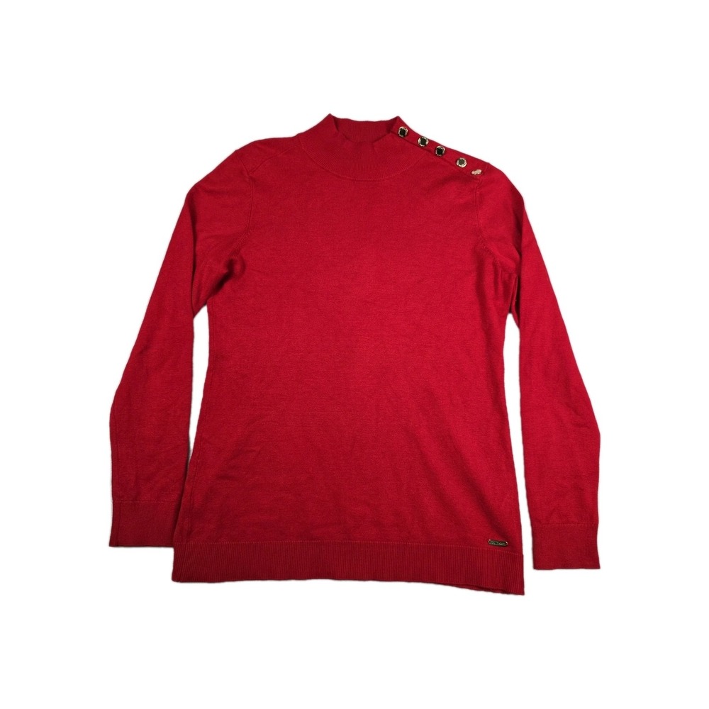 Calvin Klein Button Neck Long Sleeve Sweater Size S Red Gold Stretch Pullover‎